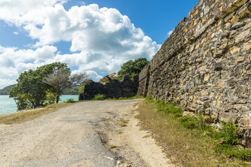 Stone walls surrounding Fort James on the Caribbean island of Antigua.