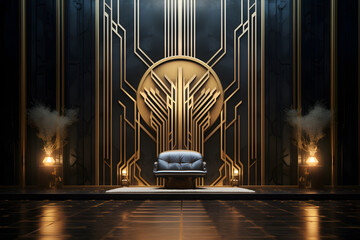 A meditation room with geometric Art Deco wallpaper 