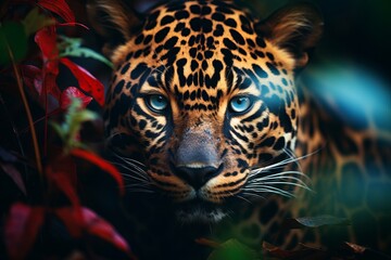 Documentary sci-fi jungle landscape with jaguar leopard and bold contrast lighting