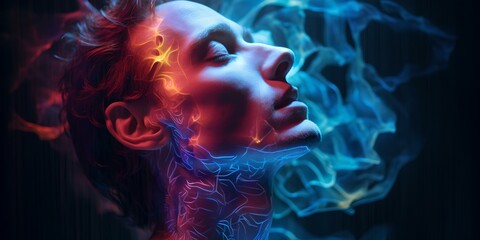 Surreal portrait of a person with vivid neon lights and smoke. artistic and futuristic concept. ideal for creative projects. AI