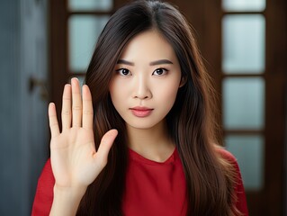 Woman With Long Brown Hair Holding Her Hand Up
