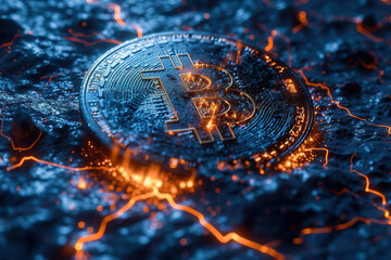 Bitcoin over a microprocessor in a motherboard. 3d render banner illustration.  Generative AI