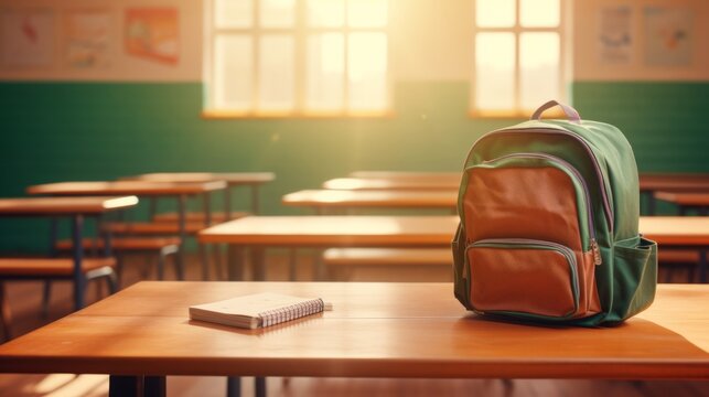 Organized desk with backpack in a classroom setting &ndash; back to school supplies
