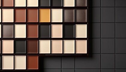 Sophisticated arrangement of minimalistic beige tone eye shadow swatches on a monochrome background