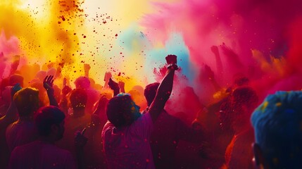 Holi background filled with vibrant colors, people celebrating the festival of colors.