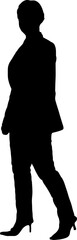 A silhouette of a working woman standing and turning her body to the side.
