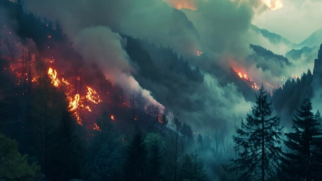 Forest fire in the mountains, top view