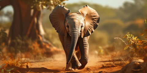 African Elephant Charging in the Wild. - obrazy, fototapety, plakaty