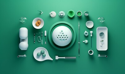 Top view of 3d rendering medical accessories on green table. Generative Ai


