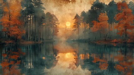 Reflection in water of the sunset and forest