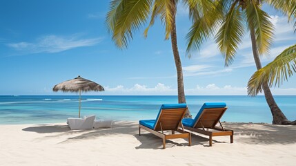 Fototapeta na wymiar Pristine white sand beach, azure ocean and tranquility framed by greenery and palm trees.