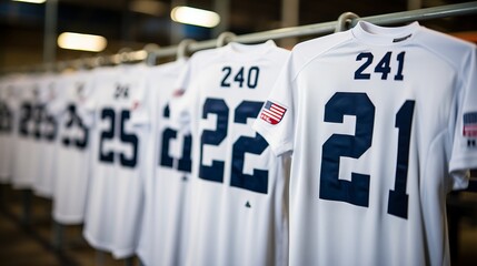 Vibrant american football jerseys with numbers hanging in the locker room for sports enthusiasts - obrazy, fototapety, plakaty