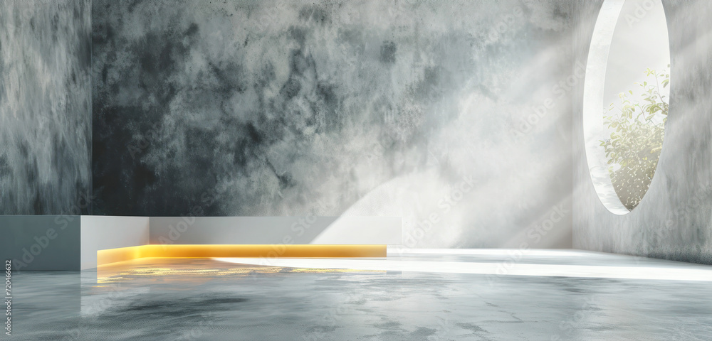 Poster sleek minimal abstract background with a spotlight on a smooth gray plaster wall, ideal for sophisti