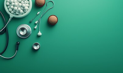 Top view of 3d rendering medical accessories on green table. Generative Ai


