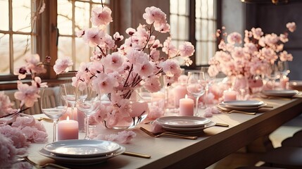 A beautifully arranged table setting with romantic pink floral decor, creating a warm and inviting atmosphere