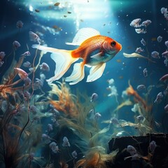 Goldfish in the aquarium Beautiful underwater, The tank is filled with beautiful and colorful small fish that are swimming around, Ai generated