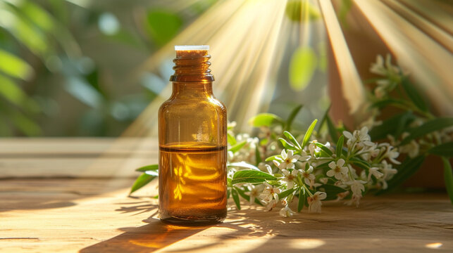 jar with extract of essential oil of senna on a wooden background