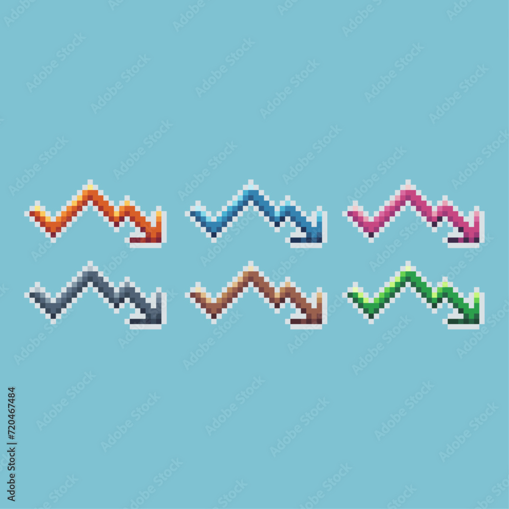 Poster pixel art sets icon of graphic down variation color. graph down icon on pixelated style. 8bits perfe