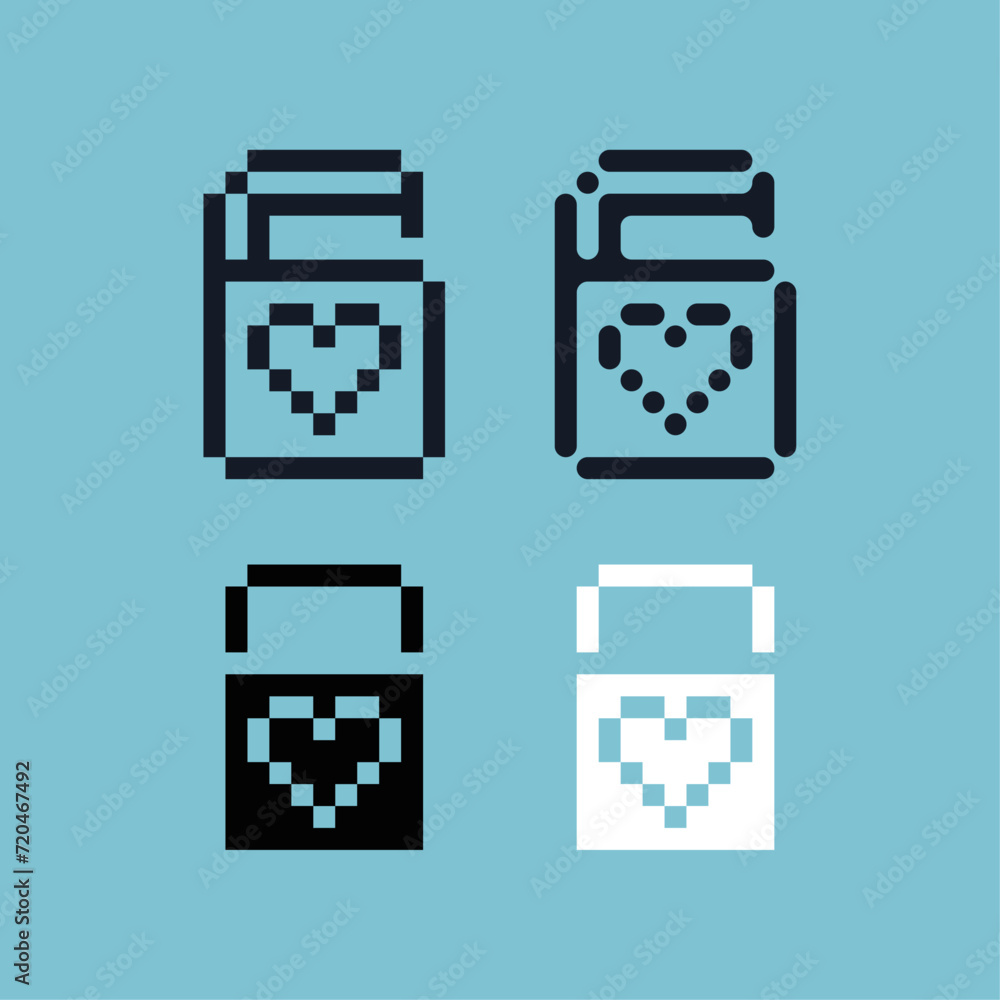 Poster Pixel art outline sets padlock love icon with variation color. padlock icon on pixelated style. 8bits perfect for game asset or design asset element for your game design. Simple pixel art icon asset.