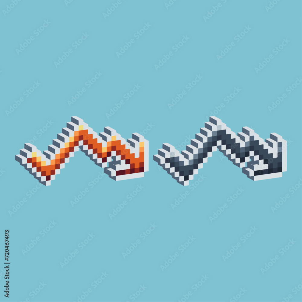 Poster isometric pixel art 3d of graphic down icon for items asset. down graphic business icon on pixelated