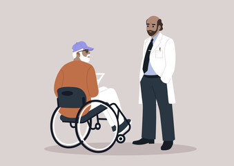 A healthcare worker engages in a compassionate discussion about a diagnosis with a senior patient seated in a wheelchair
