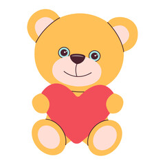 Cute little Teddy bear holding red heart. Happy Valentine day. Trendy flat vector illustration