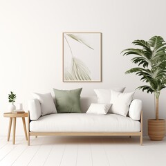 modern calm living room with sofa and mockup for painting, empty space for text 