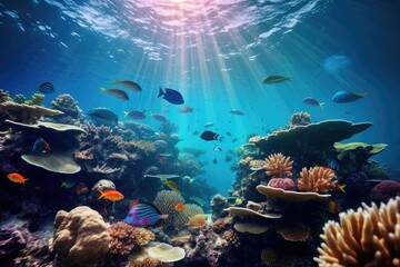 Fototapeta na wymiar Tropical sea underwater fishes on coral reef. Aquarium oceanarium wildlife colorful marine panorama landscape nature snorkel diving, coral reef and fishes
