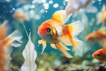 Goldfish in the aquarium Beautiful underwater, The tank is filled with beautiful and colorful gold...