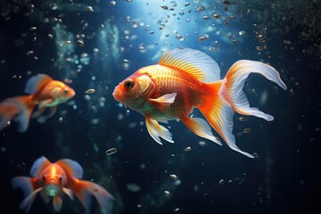 Fototapeta premium Goldfish in the aquarium Beautiful underwater, The tank is filled with beautiful and colorful gold fish that are swimming around, Ai generated