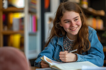 Joyful teenage girl learning in high school classroom. The image captures a positive and engaged student, radiating happiness and enthusiasm for education.