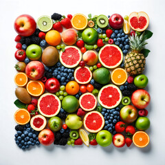 A variety of fruits spread out on a white background