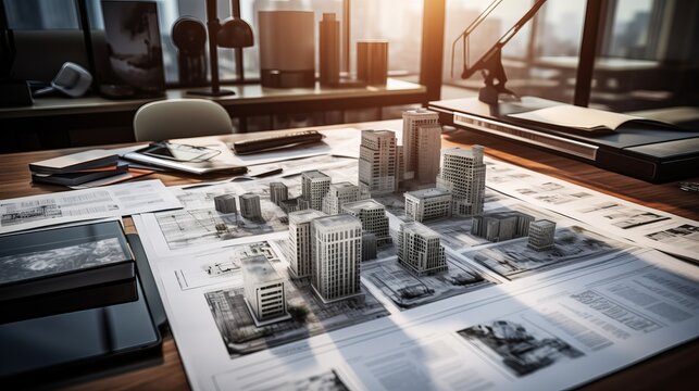 Architectural drawings and plans laid out on the table and in rolls. Building models.