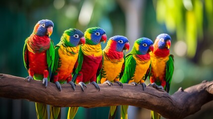 Captivating scene of vibrant exotic birds perched majestically on lush tropical tree branches - obrazy, fototapety, plakaty
