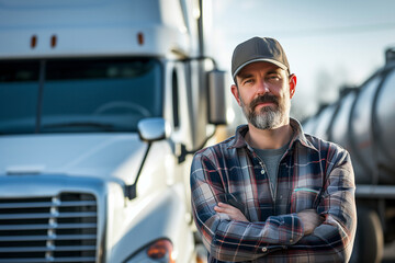 Happy truck driver posing confidently in front of his truck, making eye contact with the camera. The image exudes confidence and satisfaction in the profession.