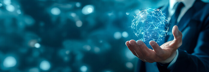 Businessman holding analytics cloud icons. Data graph. Global strategy for effective technology development. Banner. 