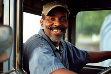 Joyful truck driver at the wheel, looking at the camera. The image portrays a content and confident professional behind the wheel, radiating satisfaction in his occupation.