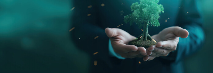 Businessman holding a small tree. New strategies to save our planet earth. Enhance successful...