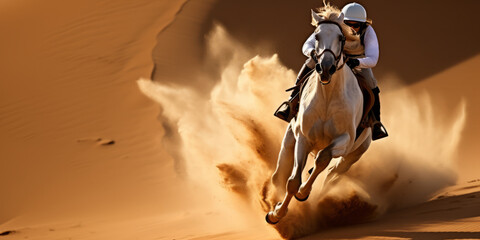 Galloping Horse and Rider in Desert Dust. - obrazy, fototapety, plakaty