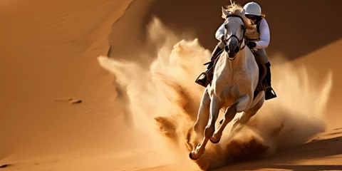 Fotobehang Galloping Horse and Rider in Desert Dust. © MOMO