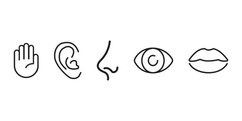 Five human senses editable stroke outline icons set isolated on white background flat vector illustration. Pixel perfect. - obrazy, fototapety, plakaty