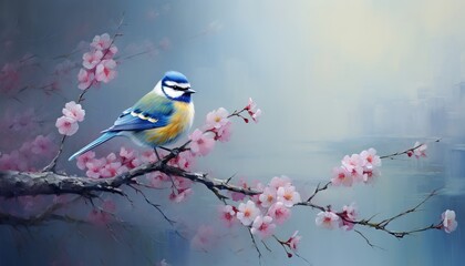 Title blue tits perched on cherry blossom branch in spring garden with beautiful flowers