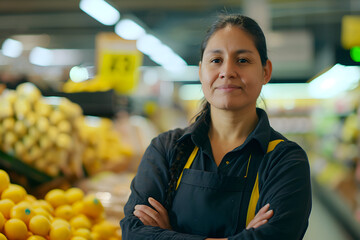 full length portrait of smiling female farmer standing in the supermarket