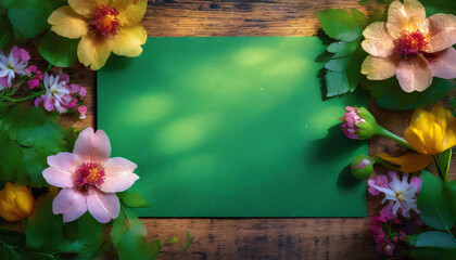 Green write-on card lies on a rustic wooden table surrounded by colorful flowers