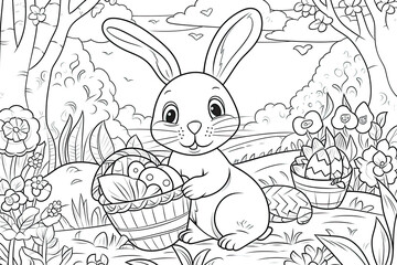 Coloring children book of Easter Rabbit With a Basket of Eggs in the Woods