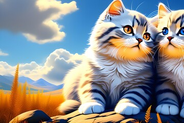 Obraz premium two gray scottish fold cats loving each other in a hill under the blue sky. Generative AI
