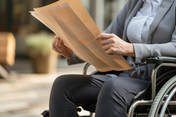 Happy businesswoman in a wheelchair reviewing reports, collaborating with a female coworker in the office. The image showcases inclusivity and professional teamwork.