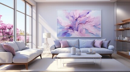 Modern living room interior design with captivating purple tones