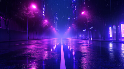 An empty, ultraviolet-lit street at night, reflecting futuristic and digital elements Background a modern city environment with a science fiction feel Colors ultraviolet and neon lights against