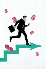 Vertical magazine photo collage picture of hurrying businessman running achieving success reach goal earn money dollar sign investor